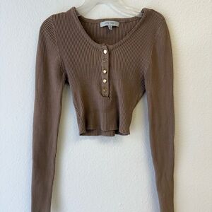 Love Tree Brown Buttoned Ribbed Crop Top